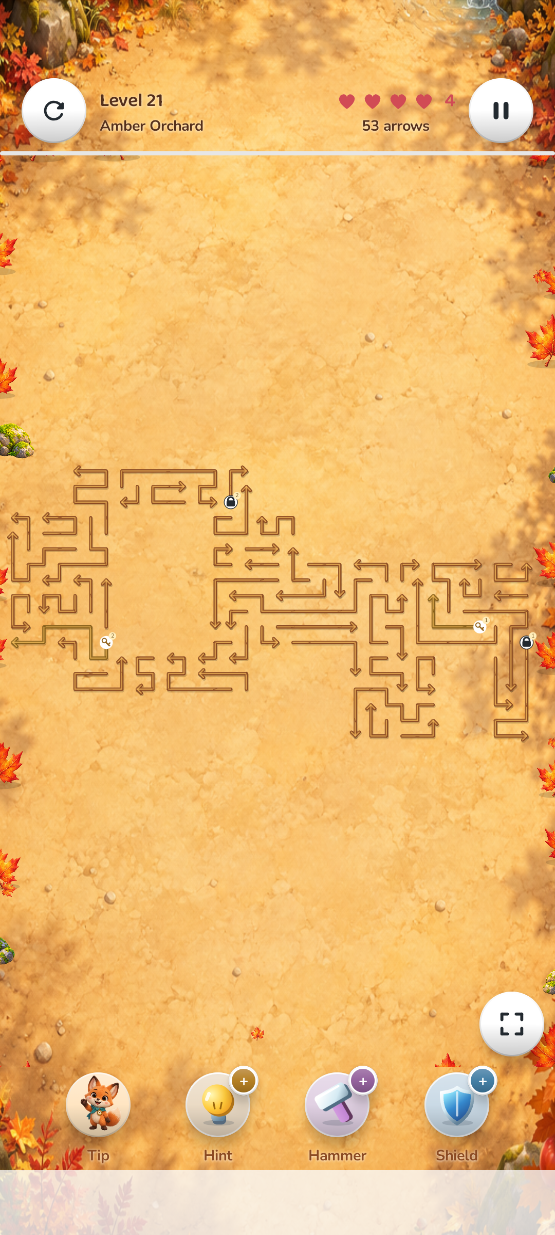 Arrow World gameplay — arrow puzzles in an autumn landscape